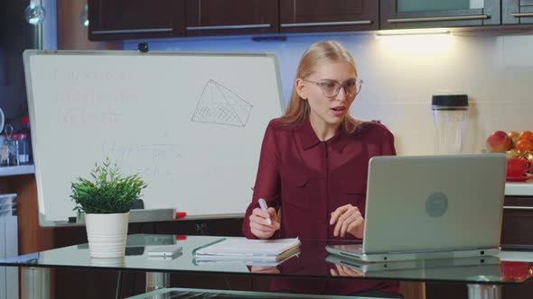 Business Woman Providing Video Conference By Computer and Showing Information on Whiteboard