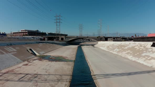 Cinematic aerial Los Angeles River on summer day.