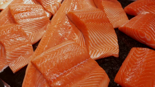 Close Up of Fresh Salmon Fillet on Display on Grocery Store