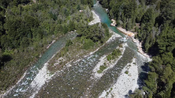 Aerial view of a cristal clear water river Cajón Del Azul in El Bolson, Bariloche - Patagonia Argent