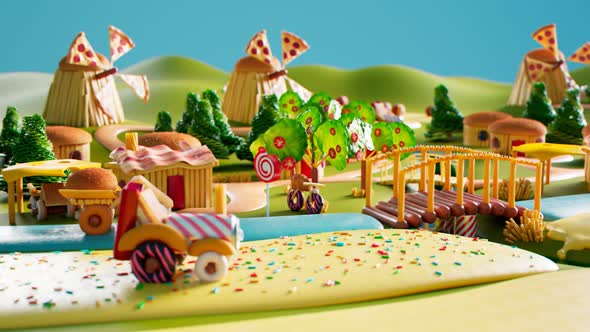 Beautiful land made of fast food and sweets. The wonderful world of tasty snacks