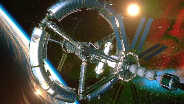 Flight Of A Futuristic Space Station To The Blue Planet alt
