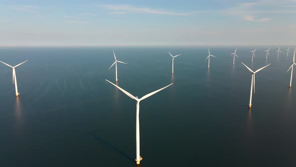 Wind Turbine From Aerial View Drone View at Windpark Westermeerdijk a Windmill Farm in the Lake