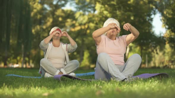 Elder Women Sitting in Lotus Position and Meditating Doing Yoga in Park, Energy