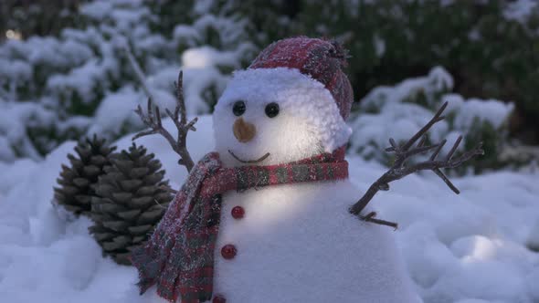 Snowman figurine and pine cones