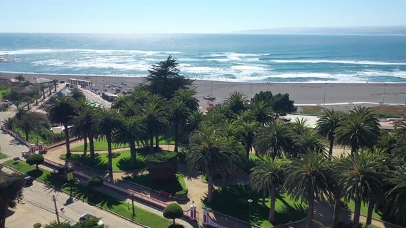 Aerial:Parque Ross, drone shot historic place beach view surf point park contains native Canary date