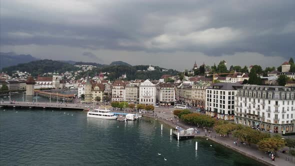 Aerial of Lucerne City and Reuss River 