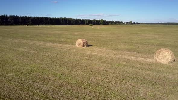 Aerial Golden Straw Bales on Field and Drone Shadow