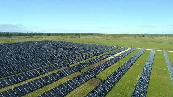 Solar Panels Farm Producing Renewable Green Electricity Aerial View