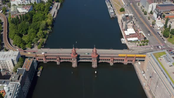 Aerial View of U Bahn Train Crossing Historic Oberbaum Bridge