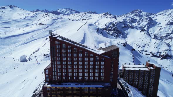 Panoramic view of Ski station centre resort at snowy Andes Mountains.