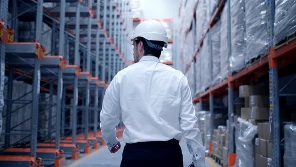 Follow footage of employees male warehouse worker engineer in hard hat working