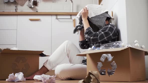 Middle Aged Woman Removes Things From Her Head. Tired Woman Engaged In Processing Things