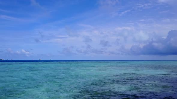 Drone scenery of resort beach journey by lagoon with sand background