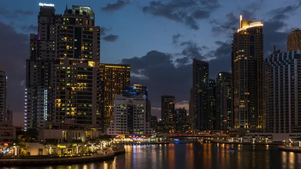 4k Day to Night Hyperlapse of Dubai Marina on Emreef St Bridge