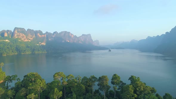 Aerial drone view of tropical Mountain peak in Thailand Beautiful archipelago islands Thailand