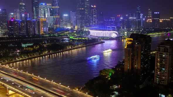 Guangzhou Night Business City Aerial Cityscape China Pearl River with Boats Traffic and Bridges