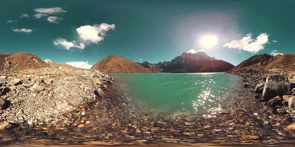 VR Gokyo Ri Mountain Lake at the Winter Season. Wild Himalayas High Altitude Nature and Mount Valley