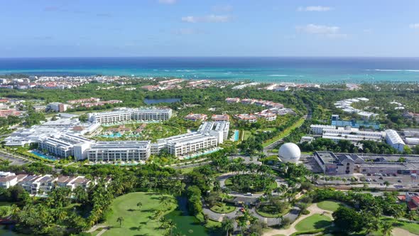 Paradisus Grand Cana luxury resort, Punta Cana in Dominican Republic. Aerial reverse ascendent