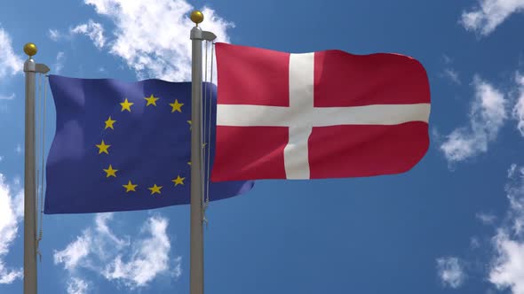 European Union Flag Vs Denmark Flag On Flagpole