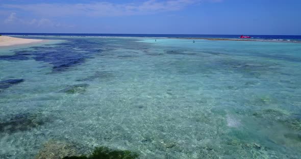 Daytime overhead abstract shot of a summer white paradise sand beach and turquoise sea background in