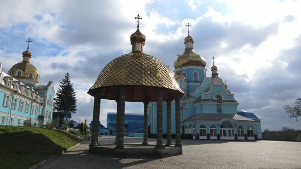 Aerial Shot Village Town, Exactly. Gorodotsky St. Nicholas Convent. Ukraine