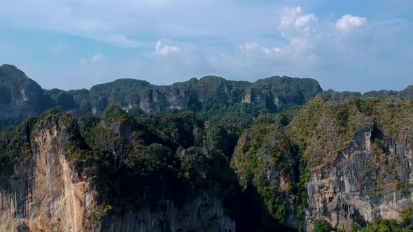 Aerial of large mountain limestone karsts in Railay Beach, Ao Nang, Krabi, Thailand