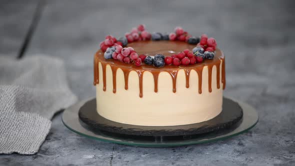 Delicious Caramel Cake with Frozen Summer Berries