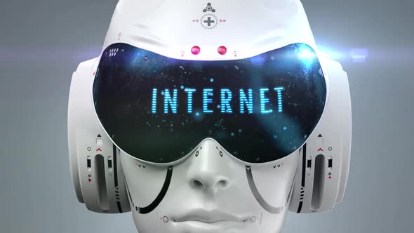 artificial Intelligence. sci fi robot head close-up. the inscription "the Internet"