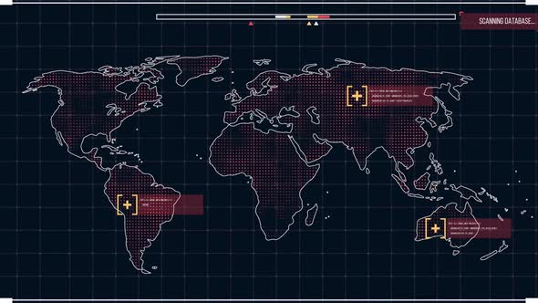 Animation of the world map in red on a screen with icons popping 
