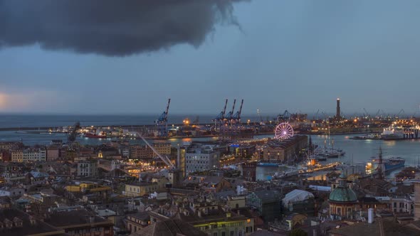 Evening Timelapse of Genoa Port with Thunderstorm and Lighting Italy