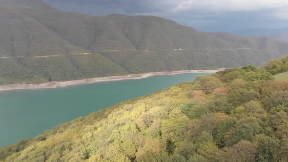 Aerial view of Zhinvali Reservoir. Ananuri Lake with blue water in Georgia.