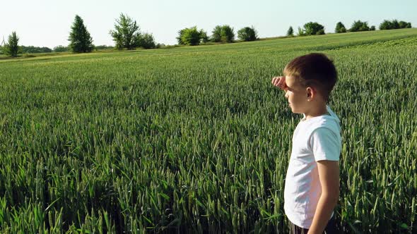 Boy Running on the Green Field at Sunset