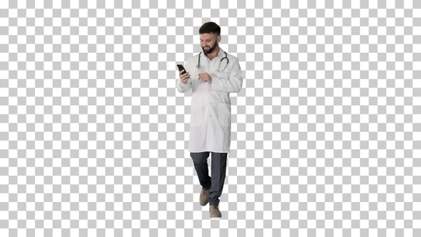 Smiling mature doctor using smartphone and laughing, Alpha Channel