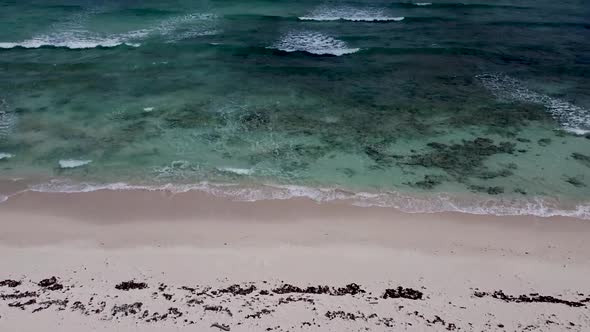 Aerial drone tilting up from a white sand beach to a tropical sea in Cozumel island in Mexico