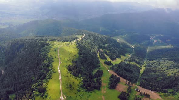 Aerial Drone View Mountains Covered with Green Grass and Green Trees. View of the Mountain Tops