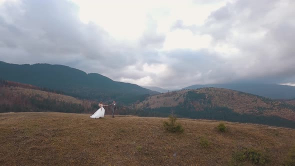 Lovely Young Newlyweds Bride Groom Walking on Mountain Slope Aerial View Wedding Couple Family