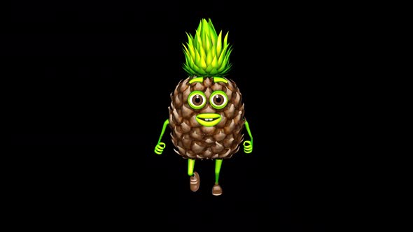 3d Cartoon Pineapple Runs Loop On Alpha Channel