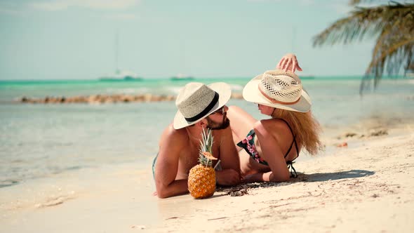 Honeymoon Holidays On Maldives Or Bahamas. Couple Enjoying Relaxing Ocean On Caribbean Resort.