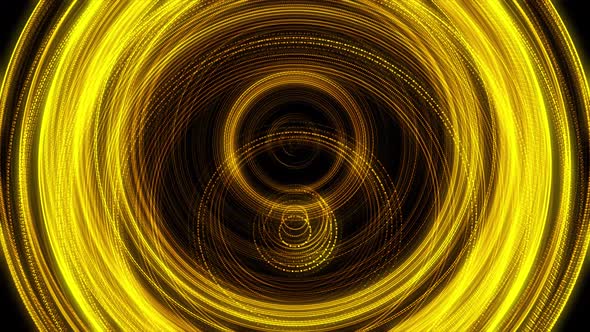 Shining golden rings in pulsating motion on black background