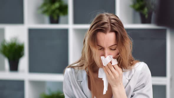 Illness Woman with Virus Infection Coughing and Sneezing