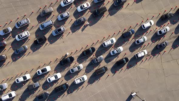 Aerial shot of cars at a testing site to receive the Coronavirus vaccine