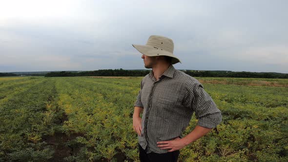 Young Agronomist Standing on Garbanzo Field and Giving Interview About Farmland Agriculture