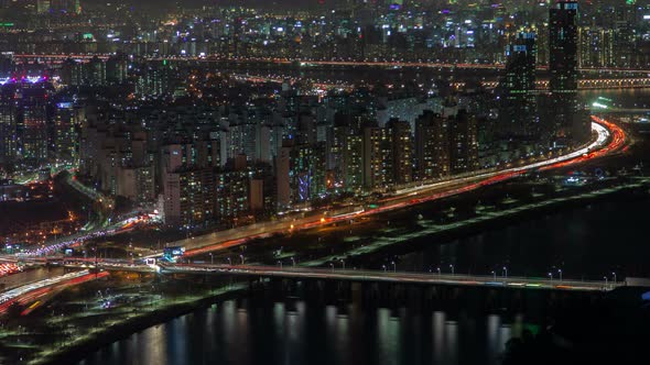 Timelapse Seoul City with Traffic on Overpass Road By Bridge