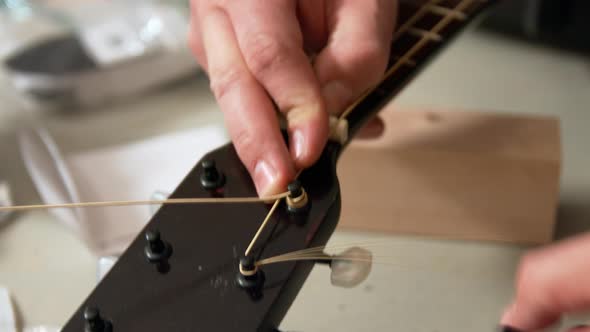 A hand twist or winds up a second new string on a guitar tuning peg.