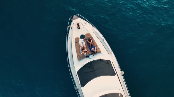 A Large Yacht Stands at Sea Aerial View 4 K