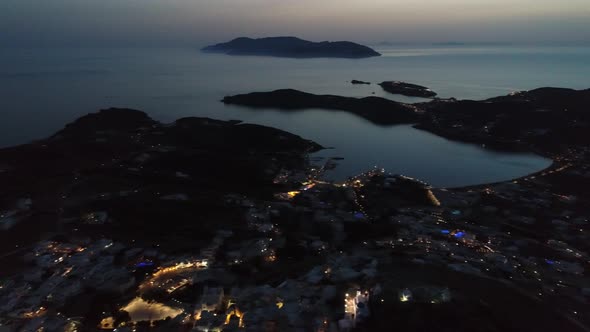 Village of Chora on the island of Ios night view from the sky