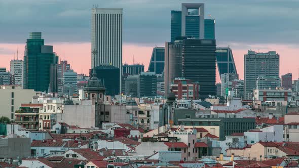 Madrid Skyline at Sunset Timelapse with Some Emblematic Buildings Such As Kio Towers