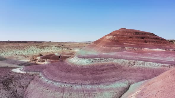 Female Traveler with Backpack on Vibrant Painted Desert Surface Scenic Aerial