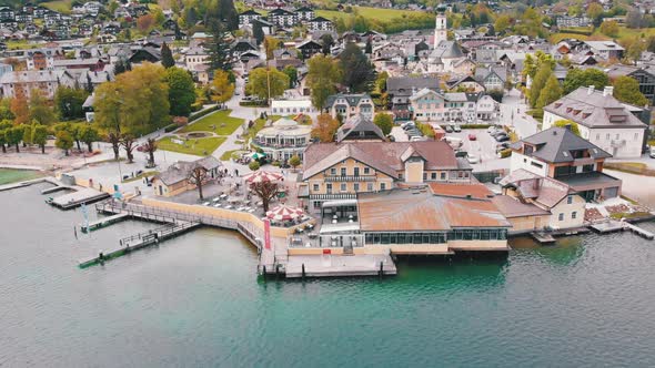 Scenic Aerial View of Mountain Village and Lake, Wolfgangsee, Salzburg, Austria, Alps